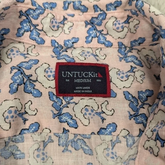 Untuckit Shirt Men's M Pink Blue Floral Linen Paisley Varosa Short Sleeve Button - Picture 3 of 7
